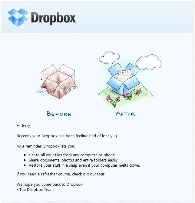 Mẫu email marketing hiệu quả để tương tác lại của Dropbox